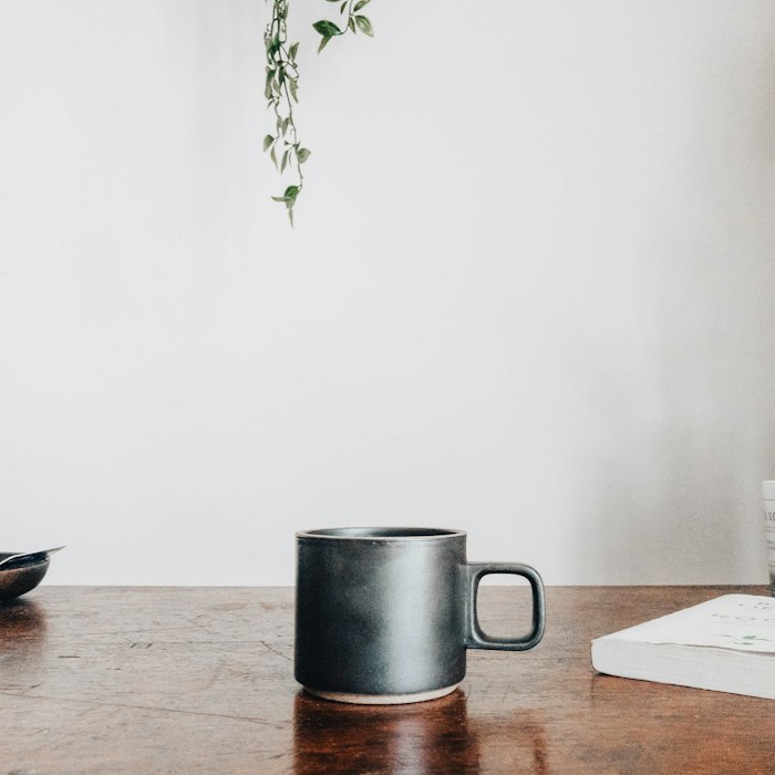 Original mug on a wooden table, with a white book and hanging plant